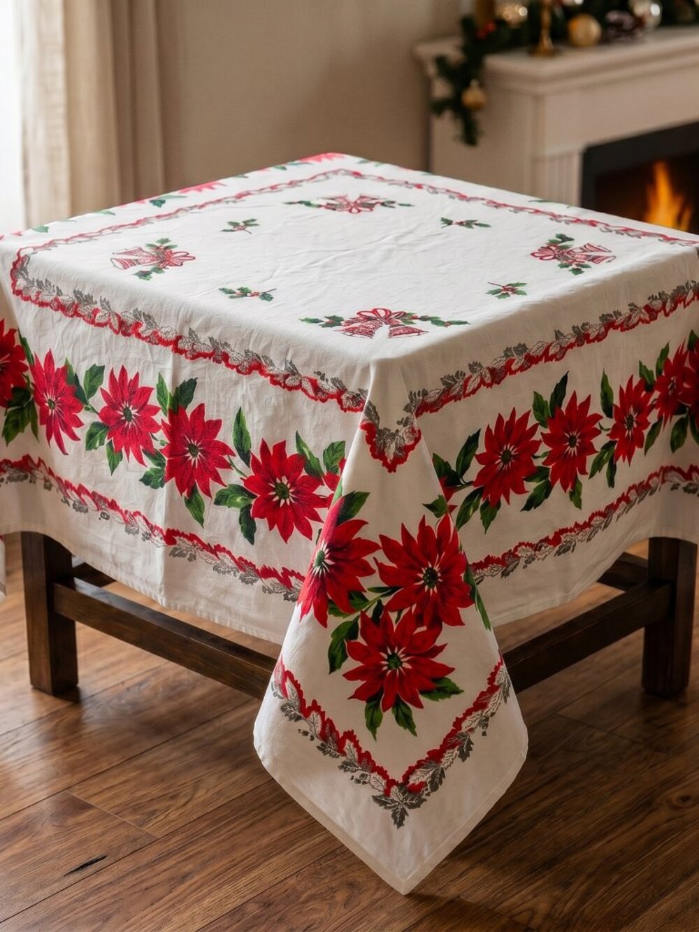 Vintage Linen Christmas Poinsettia Tablecloth - 52x46